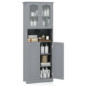 Costway Costway Armadietto Salvaspazio 60 X 30 X 164cm, Mobile Bagno Con Scomparti Aperti, Ripiani Regolabili E 2 Porte In Vetro Temprato, Armadio Da Bagno Pe