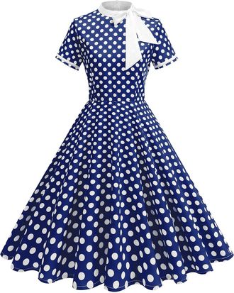 Generic Womens Vintage Polka Dot 1950s Dress Bow Tie Neck 50s Style Rockabilly Cocktail Party Work Dresses,Garden Dress Blue Floral Summer with Pockets Matern