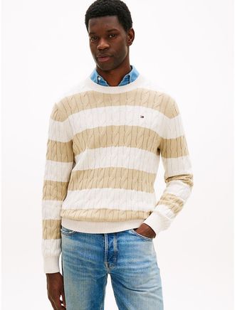 Tommy Hilfiger Mens Stripe Cable Knit Sweater - Beige - XXXL