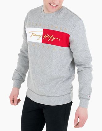 Tommy Hilfiger Mens TOMMY HILFIGER Mens Sweatshirts Signature Flag Fleece Pullover Crew Neck Jumper - Grey - Size: 36