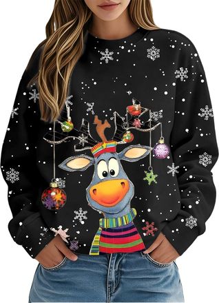 Generic Christmas Jumpers For Women Uk Cute Reindeer Print Christmas Sweatshirts For Women Fashion Crew Neck Xmas Top Casual Long Sleeves Ladies Plus Size Jum