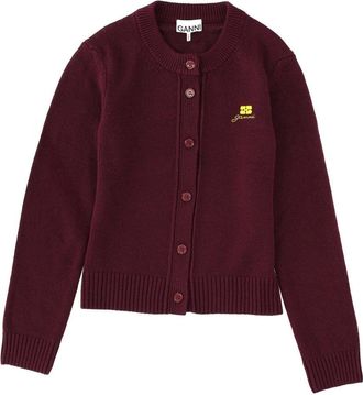 Ganni Logo-Embroidered Wool Blend Cardigan - Bordeaux