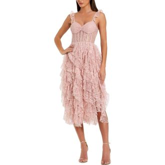 Mac Duggal Lace Bustier Midi Dress With Spiral Ruffles in Blush at Nordstrom, Size 12