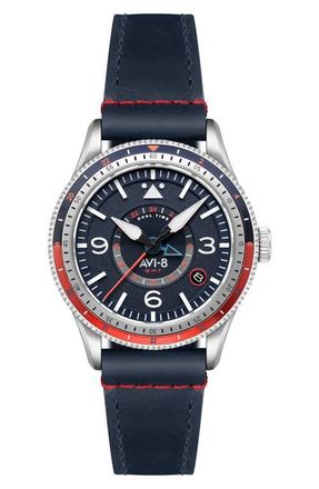 AVI-8 Flyboy Airmaster GMT Leather Strap Watch, 40mm in Blue at Nordstrom