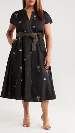 Ciebon Ariana Embroidered Cotton Midi Dress in Black/Taupe at Nordstrom Rack, Size 3X