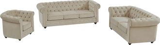 Vente-Unique Sof&aacute; de 3 plazas, 2 plazas y sill&oacute;n de terciopelo beige estilo CHESTERFIELD