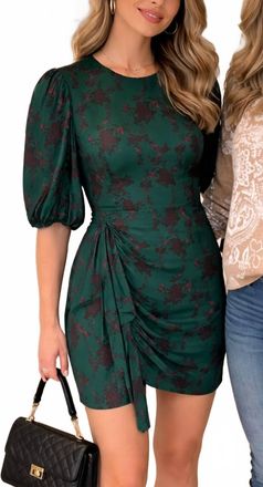 Lavender Brown Floral Print Long Sleeve Mini Dress In Green