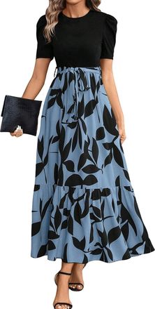 Generic Summer Dresses for Women 2026 Puff Sleeve High Waist Flower Patchwork Maxi Flowy Dress Elegant A Line Tiered Dresses