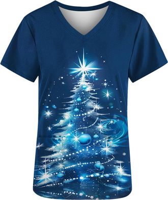 Generic Christmas Jumpers for Women Funny Christmas Tree Print Tunic Tops V Neck Short Sleeve Uniform Tops Ladies Plus Size Jumpers Xmas Soft Comfort Workwear