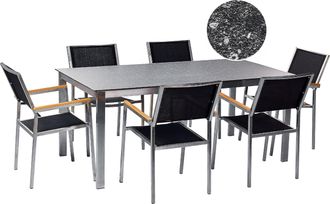 Beliani Conjunto De Jard&iacute;n Moderno 6 Plazas De Acero Inoxidable Mesa Comedor Tablero De Vidrio Sillas De Textileno Efecto Granito Negro Cosoleto