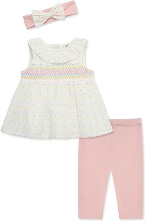 Little Me Smocked Tunic, Leggings & Headband Set in White/pink at Nordstrom, Size 12M
