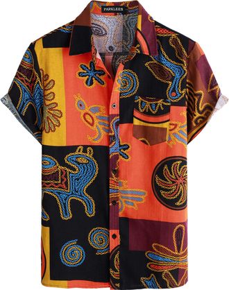 PARKLEES Mens Linen 70s Hippie Style Floral Print Shirt Short Sleeve Button Down Hawaiian Shirts Yellow XXX-Large