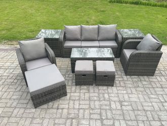 Fimous Rattan Garden Furniture Set with Rectangular Coffee Table 2 Side Tables 3 Footstools 8 Seater Patio Outdoor Lounge Sofa Set in Dark Grey