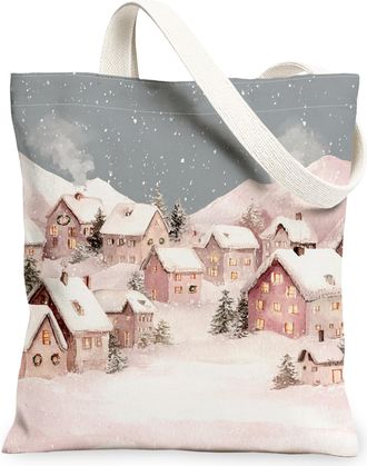 Generic Winter Village Canvas Tote Bags, Classic Scenic Design Reusable Grocery Bags, Holiday Lightweight Washable Shoulder Strap C, Peach, 13x15 Inch