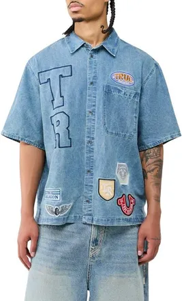 True Religion Patchwork Short Sleeve Denim Shirt in Golden Surf Light Wash at Nordstrom, Size Xx-Large