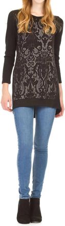 Papillon Textured Damask Front Hi Low Tunic In Black