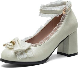 Generic Womens Ankle Strap Pumps Round Toe Bow Pearl Embellishment Ruffle Trim Chunky Block Heel Textured Upper Lightweight Comfortable Stylish for Fashion Pa