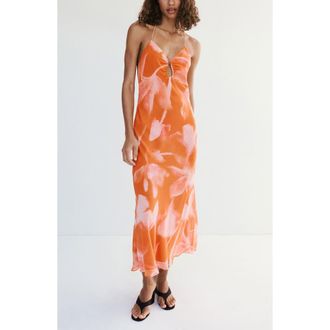 Mango Floral Printed Flowy Dress in Orange at Nordstrom, Size 10