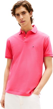 Tommy Hilfiger Mens Short Sleeve Polo Shirts in Classic Fit with Stretch and Organic Pique Cotton, Pink Alert, Large