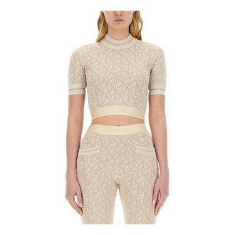 Palm Angels Monogram Jacquard Knit Top S/S - female - Palm Angels - T-Shirts - White - S - Tops