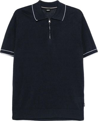 BOSS Polo in lino con mezza zip - Blu