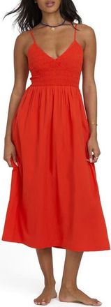 Billabong Such a Trip Smocked Bodice Cotton Midi Dress in Red Aloha at Nordstrom, Size X-Large