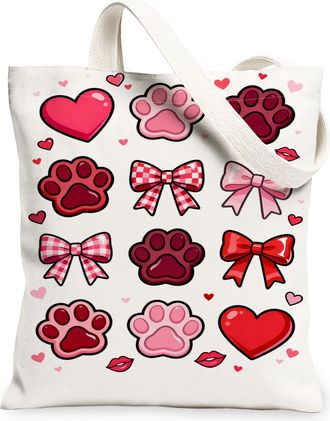 Generic Cute Paw Print Canvas Tote Bags, Heart Bow Pattern Reusable Shopping Bags, Lightweight Washable Shoulder Strap Canvas for E, White, 13x15 Inch