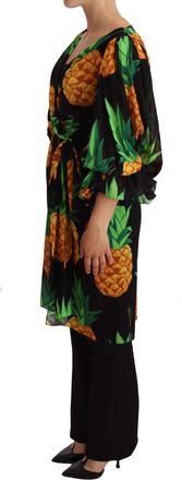 Dolce & Gabbana Womens Black Ananas Print Wrap Stretch Silk Dress