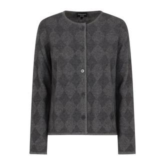 Emporio Armani Cardigans, female, Gray, L, Icon Wool-blend Cardigan with Plated Diamond Motif