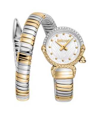 Just Cavalli Womenss Snake Watch, Two Tone Silver & Gold Color Case, Silver Dial, Two Stainless Steel Bracelet