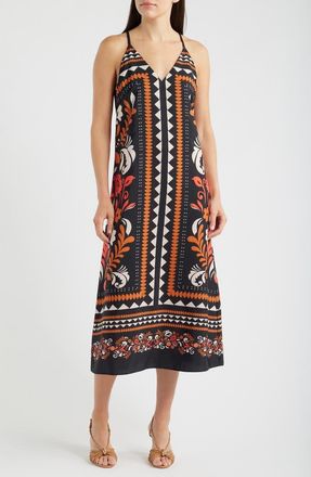 Eliza J Print Tie Back Sleeveless Midi Dress in Blk Cognac at Nordstrom, Size 16