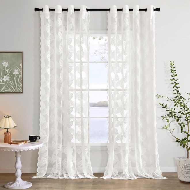 Miulee Gardine Weiß Spitzenvorhänge mit Blattmuster, Transparent Lichtdurchlässige Gardinen mit Ösen 2er Set Voile Vintage Europäische Stil für Schlafzimmer ab 37,99 €