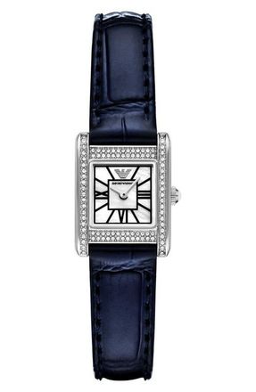 Emporio Armani Crystal Bezel Tank Leather Strap Watch, 19mm x 26mm in Blue at Nordstrom