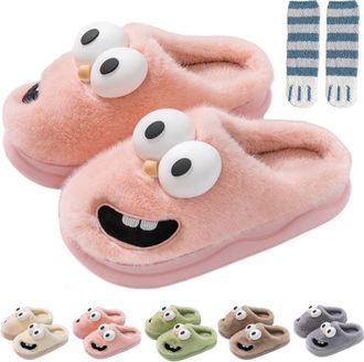 Generic Slippers Tongue, 3D Big Eye Dog Tongue Slippers Plush Thick Fun Cartoon Plush for Couples Comfy Shoes (Pink, 5/6, Adult, Women, 5, Numeric Range, UK F