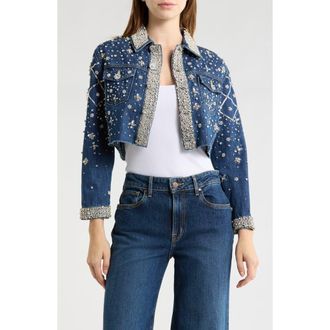 L'agence Genevie Crystal Embellished Crop Denim Jacket in Conway at Nordstrom Rack, Size X-Small
