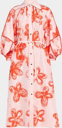 Love Birds Aster Printed Silk Tie-Waist Midi Shirtdress