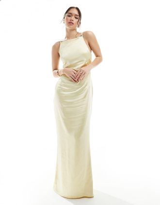 Pretty Lavish Bridesmaid satin boat neck maxi dress in lemon-Yellow