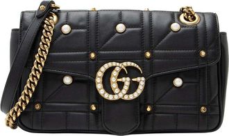 Gucci Black Matelasse Leather Pearl Gg Marmont Small Flap Bag (Authentic Pre- Loved)