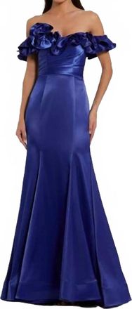 Mac Duggal Off-Shoulder Sweetheart Mermaid Satin Floral Gown In Cobalt