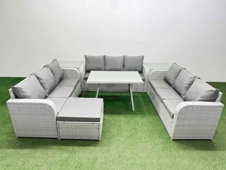 Fimous 10 Seat PE Rattan Garden Furniture with 2 Side Tables Big Stool in Light Grey
