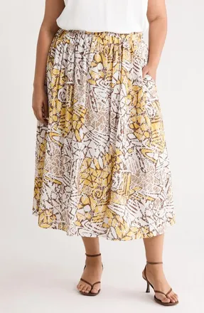 Renee C Pull-On A-Line Midi Skirt in Ivory/Yellow at Nordstrom Rack, Size 1X