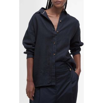 Barbour Hampton Linen Button-Up Shirt in Dark Navy /Safari Tartan at Nordstrom Rack, Size 6 Us / 10 Uk