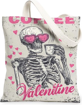 Generic Skeleton Coffee Canvas Tote Bags, Heart Pattern Reusable Grocery Bags, ValentineS Vintage Lightweight Washable Shoulder St, Beige, 13x15 Inch