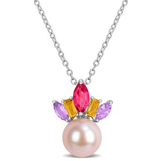 Mimi & Max 8mm Pink Cultured Freshwater Pearl Pink London Blue White Topaz Necklace Sterling Silver