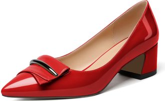 elashe Women Classic Block Heel Pumps Pointed Toe Pumps Slip-on Court Shoes for Ladies Red EU38