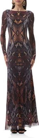 AFRM Talmo Long Sleeve Open Back Mesh Dress in Placed Umber Snake at Nordstrom Rack, Size X-Large