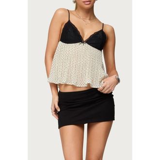 Edikted Rhian Lace Trim Pleated Babydoll Top in Cream-And-Black at Nordstrom, Size X-Small