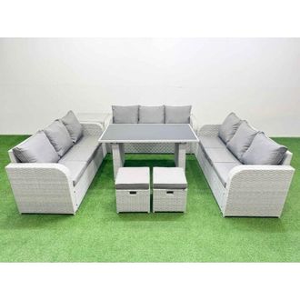 Fimous Patio Garden Furniture Sets with Black Glass Top Dining Table 3 Seater Sofa Side Table 2 Small Stool Light Grey - Fimous