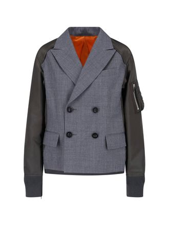 sacai Double-Breasted Grey Nylon Twill Blazer with Zip Details