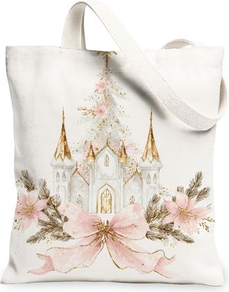 Generic Christmas Castle Floral Canvas Tote Bags, Vintage Elegant Plant Pattern Reusable Grocery Bags, Lightweight Washable Shoulde, White, 13x15 Inch